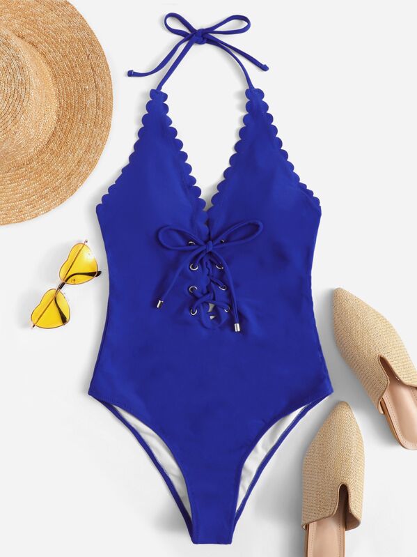 

Scalloped Trim Lace-up Backless One Piece Swim, Blue