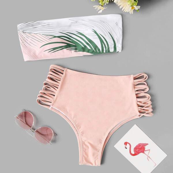 

Leaf Print Bandeau With Ladder Cut-out High Waist Bikini