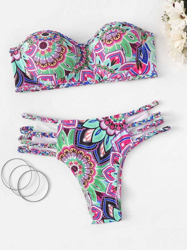 

Random Floral Braided Detail Ladder Cut-out Bandeau Bikini, Multicolor