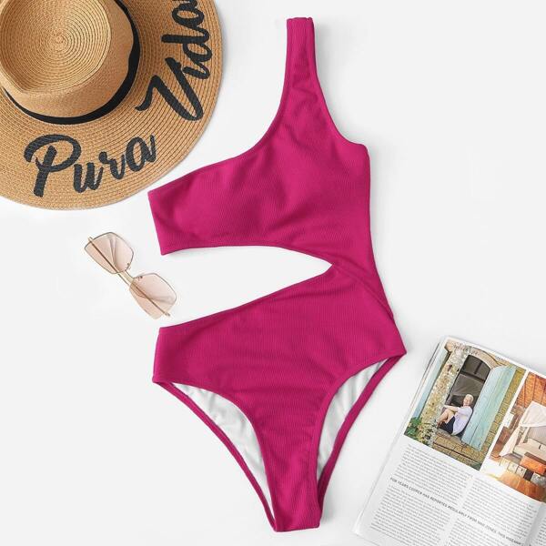 

One Shoulder Ribbed Cut-out One Piece Swim