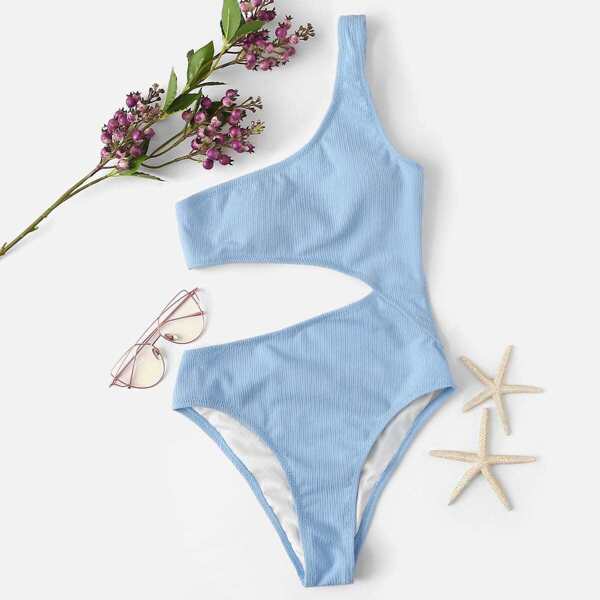 

One Shoulder Ribbed Cut-out One Piece Swim