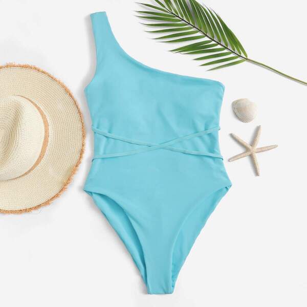 

One Shoulder Criss Cross One Piece Swimwear