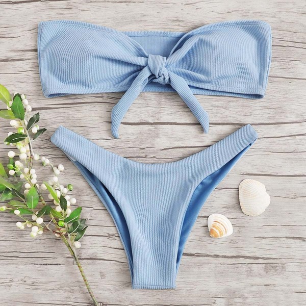 

Tie Front Bandeau With High Leg Bikini Set