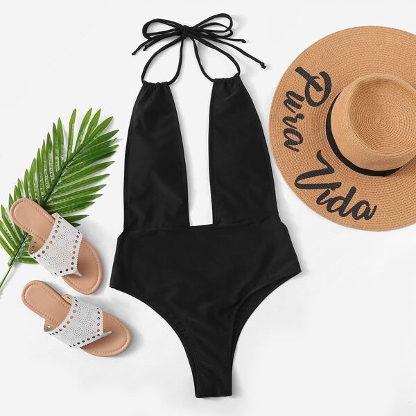 

Plunging Halter Open Back One Piece Swimsuit, Black