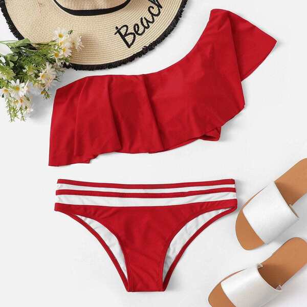 

Flounce One Shoulder Top With Striped Trim Bikini, Red