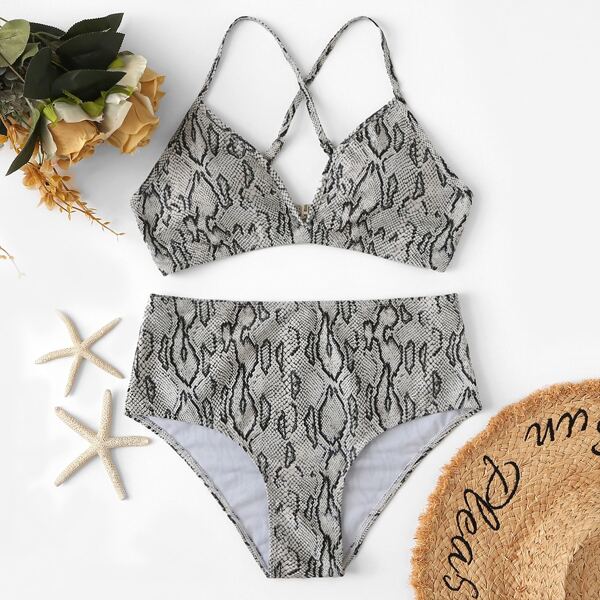 Random Snakeskin Criss Cross Top With High Waist Bikini