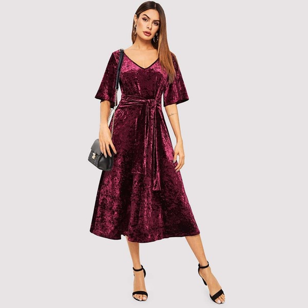 

V-neck Bell Sleeve Self Belted Velvet Dress