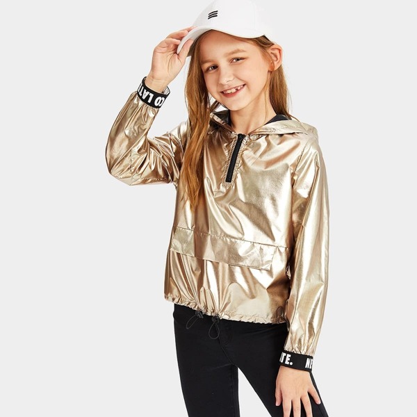 Girls Zip Front Lettering Cuff Metallic Hooded Jacket