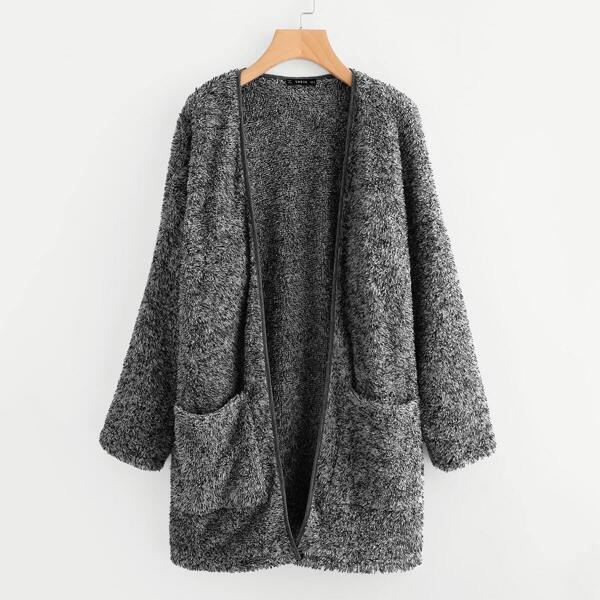 

Plus Binding Neckline Pocket Front Teddy Coat