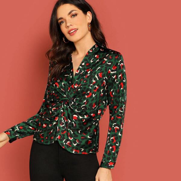 

Leopard Print Twist Front Long Sleeve Blouse, Green
