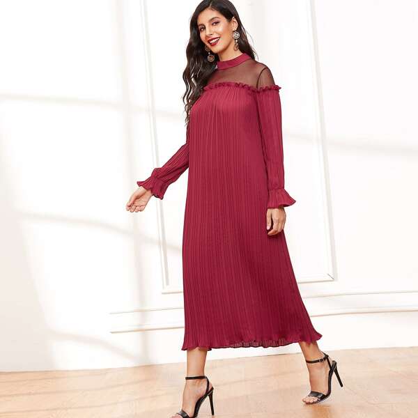 

Contrast Mesh Flounce Sleeve Pleated Dress