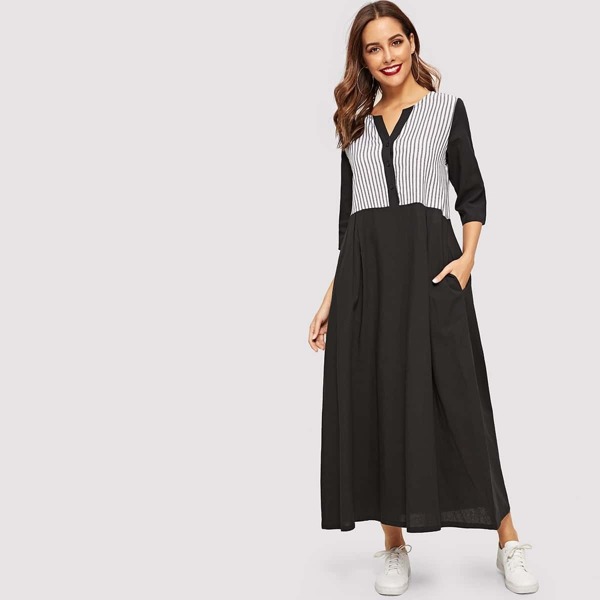 

Striped Button Half Placket Hidden Pocket Dress