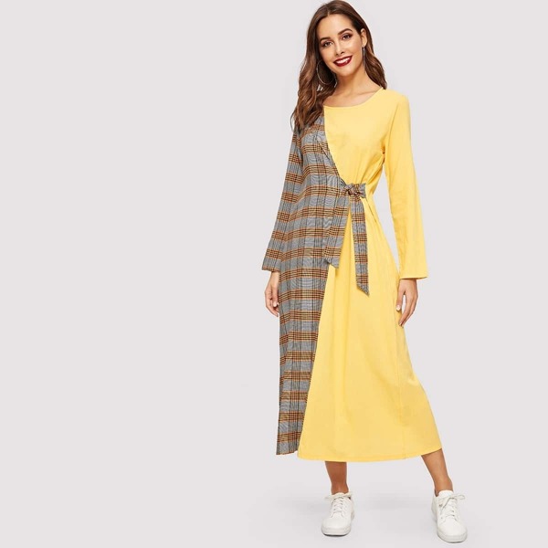 

Contrast Plaid Print Knot-side Longline Dress, Yellow