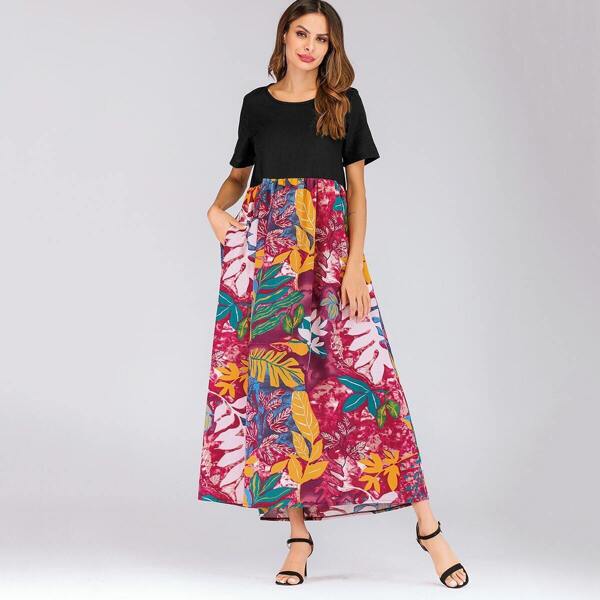 

Leaf Print Hidden Pocket Longline Dress, Multicolor