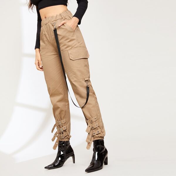 

Pocket Detail Elastic Waist Pants, Khaki