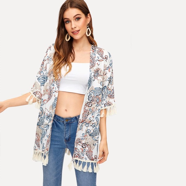 

Paisley Print Fringe Detail Kimono