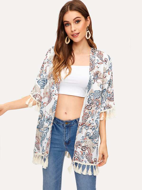 Paisley Print Fringe Detail Kimono, Multicolor, Gabi D