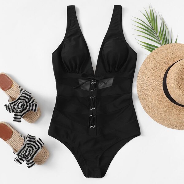 

Contrast Mesh Lace-up Low Back One Piece Swim, Black