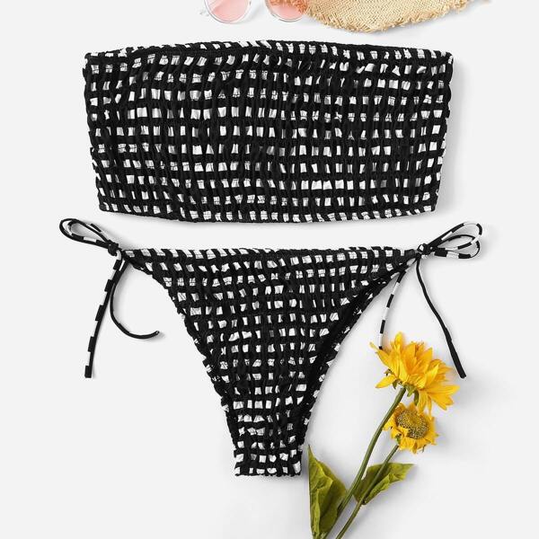 

Plus Plaid Shirred Bandeau With Tie Side Bikini
