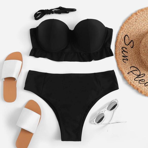 

Plus Ruffle Underwire Bandeau Bikini Set, Black