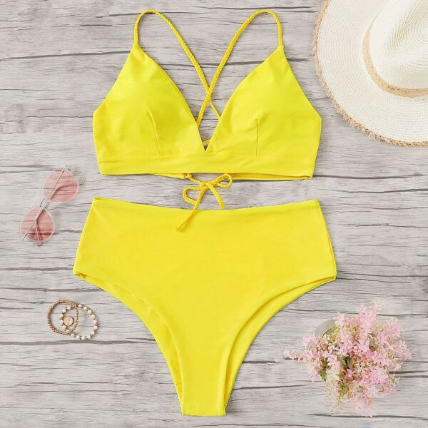 

Plus Criss Cross Top With High Waist Bikini Set, Yellow