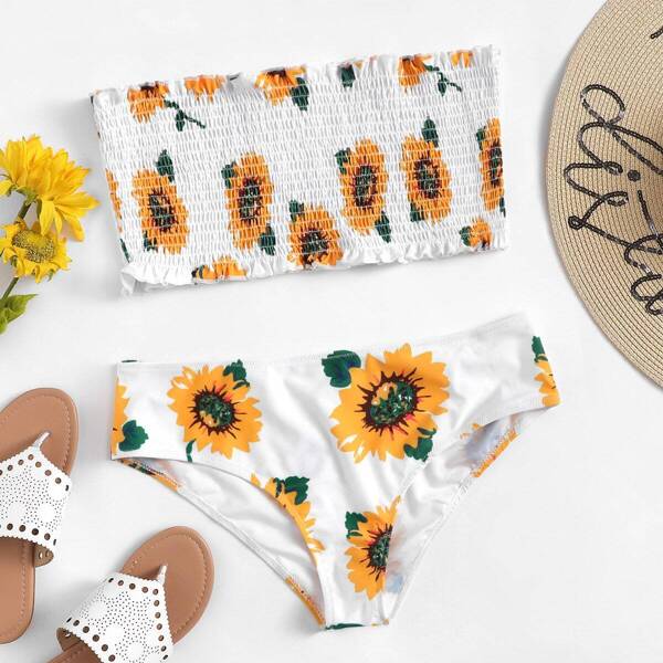 

Plus Sunflower Print Shirred Bandeau Bikini Set, White