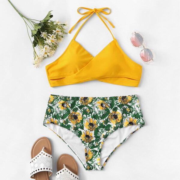 

Plus Criss Cross Top With Floral High Waist Bikini
