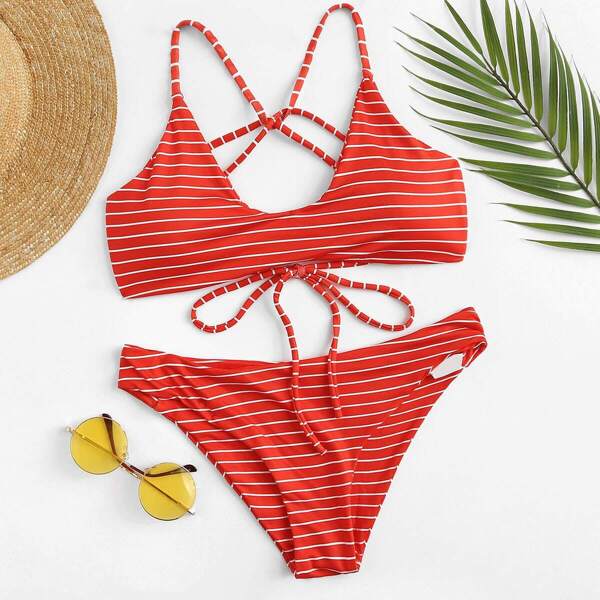 

Striped Tie Back Top With Panty Bikini, Red