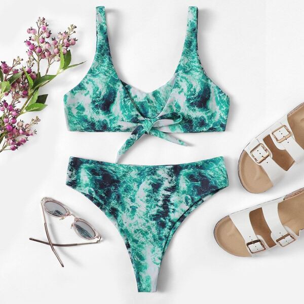 

Random Ink Drawing Tie Front Bikini Set