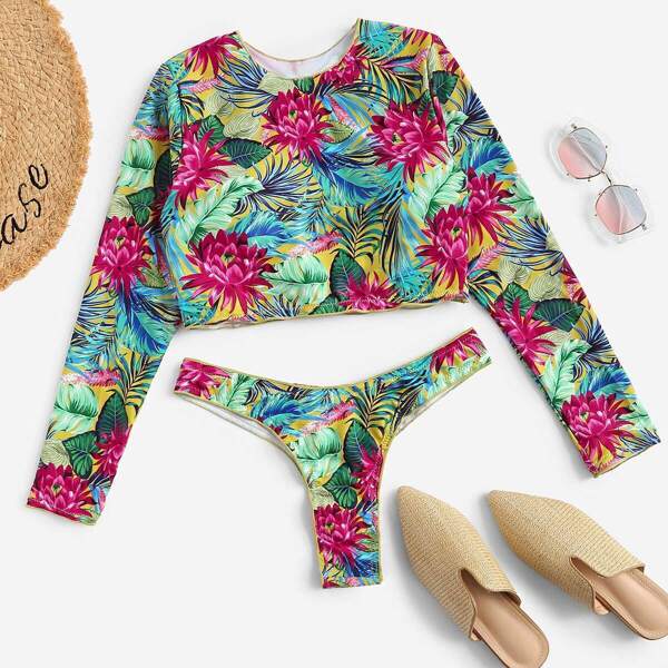 

Random Tropical Cut-out Long Sleeve Two Piece Swimwear, Multicolor