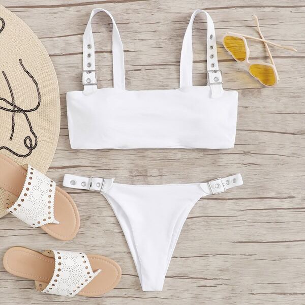 

Eyelet Buckle High Leg Bikini Set