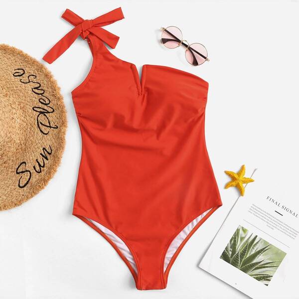 

Self Tie One Shoulder One Piece Swimsuit, Orange