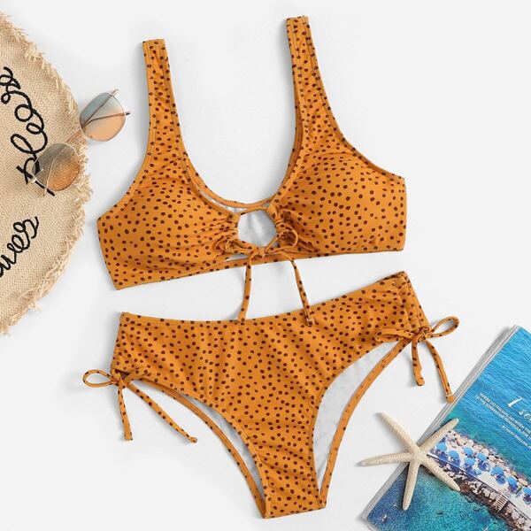

Random Dot Print Top With Tie Side Bikini, Orange