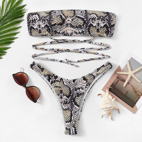 

Random Snake Print Bandeau With High Leg Bikini, Multicolor