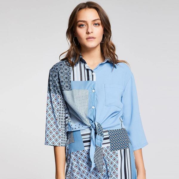 Pocket Front Knot Hem Patchwork Top