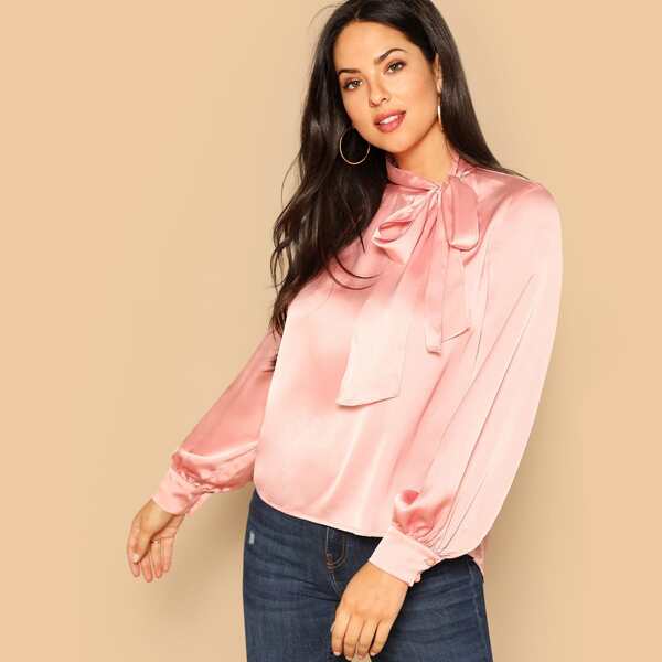 

Tie Neck Curved Hem Satin Top