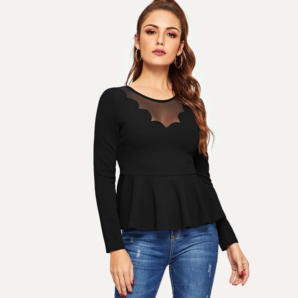 

Scallop Mesh Insert Peplum Blouse