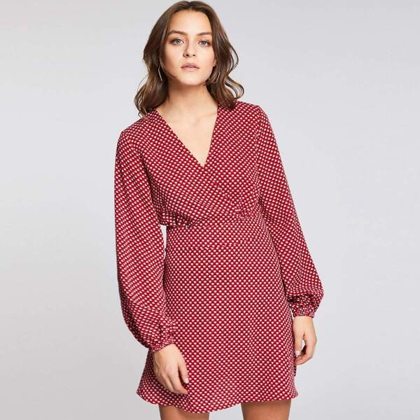 

Lantern Sleeve Surplice Neck Dress, Red