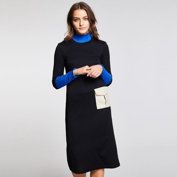 

Flap Pocket Front Rib-knit Dress Without Blue Tee