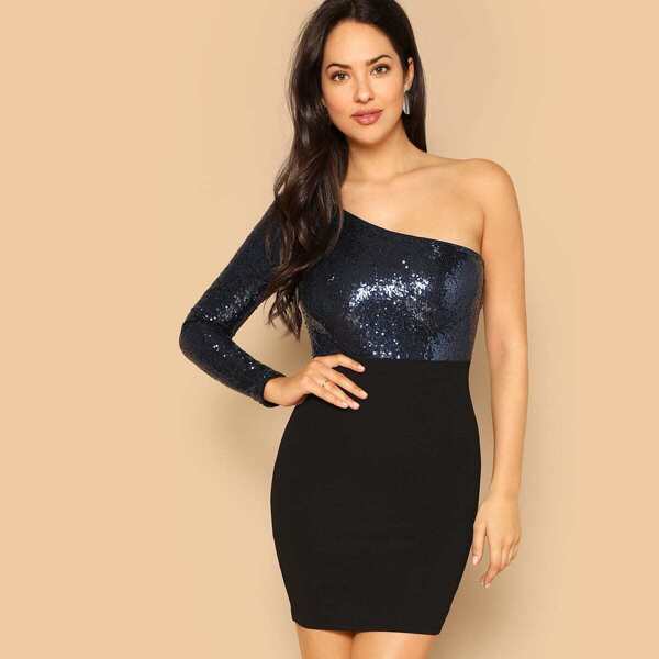 

One Shoulder Sequin Bodice Bodycon Dress