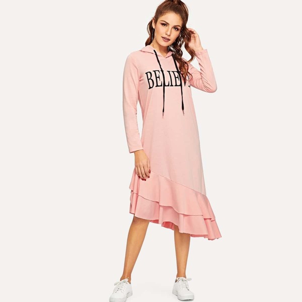 

Layered Ruffle Hem Letter Hooded Dress