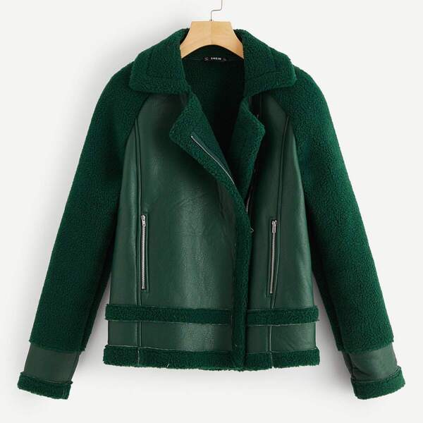 

Zip Up Faux Shearling Jacket, Зелёные