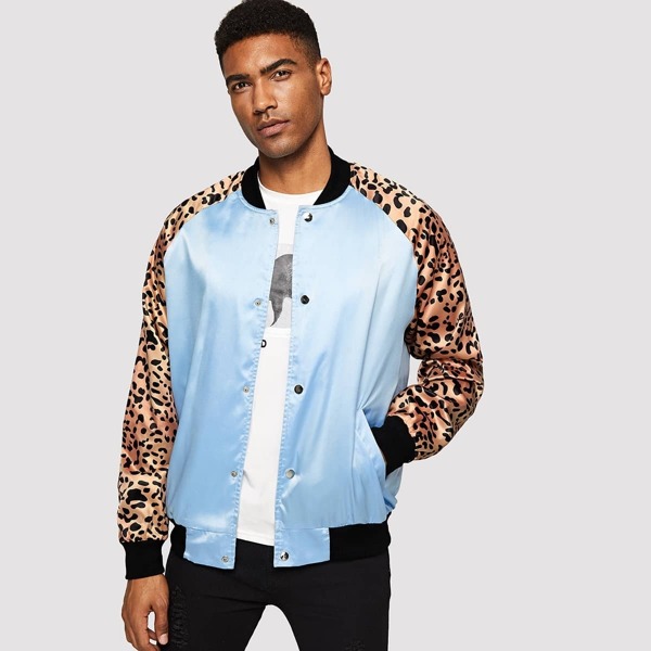 

Men Leopard Print Raglan Sleeve Bomber Jacket