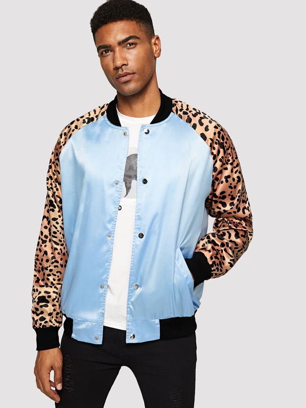 

Men Leopard Print Raglan Sleeve Bomber Jacket, Blue, Johnn Silva