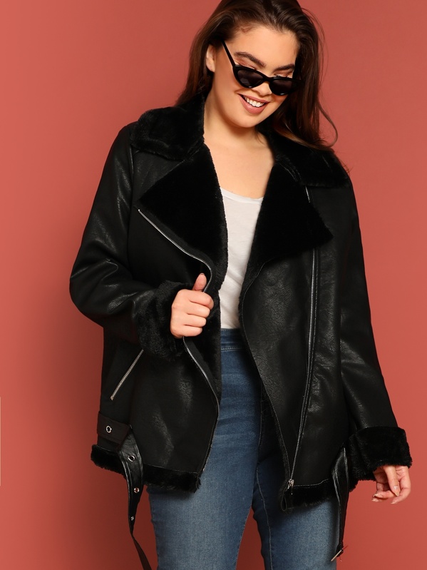

Plus Belted Hem Contrast Faux Fur Biker Jacket, Black, Faith Bowman