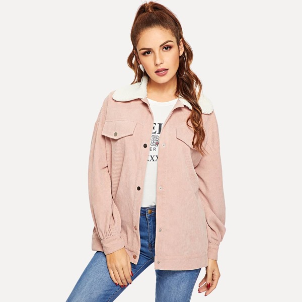 

Shearling Collar Button Up Corduroy Jacket