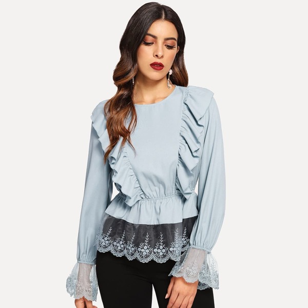 

Ruffle & Embroidered Mesh Accent Peplum Top, Blue