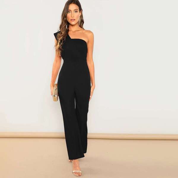 

Asymmetrical Neck Solid Textured Jumpsuit, Black