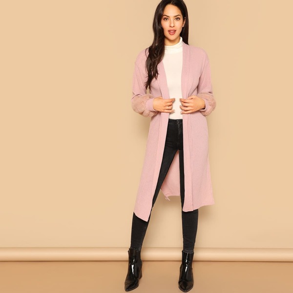 

Open Front Contrast Faux Fur Waffle Knit Coat