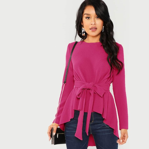 

Hot Pink Waist Belted Asymmetrical Hem Top, Pink bright